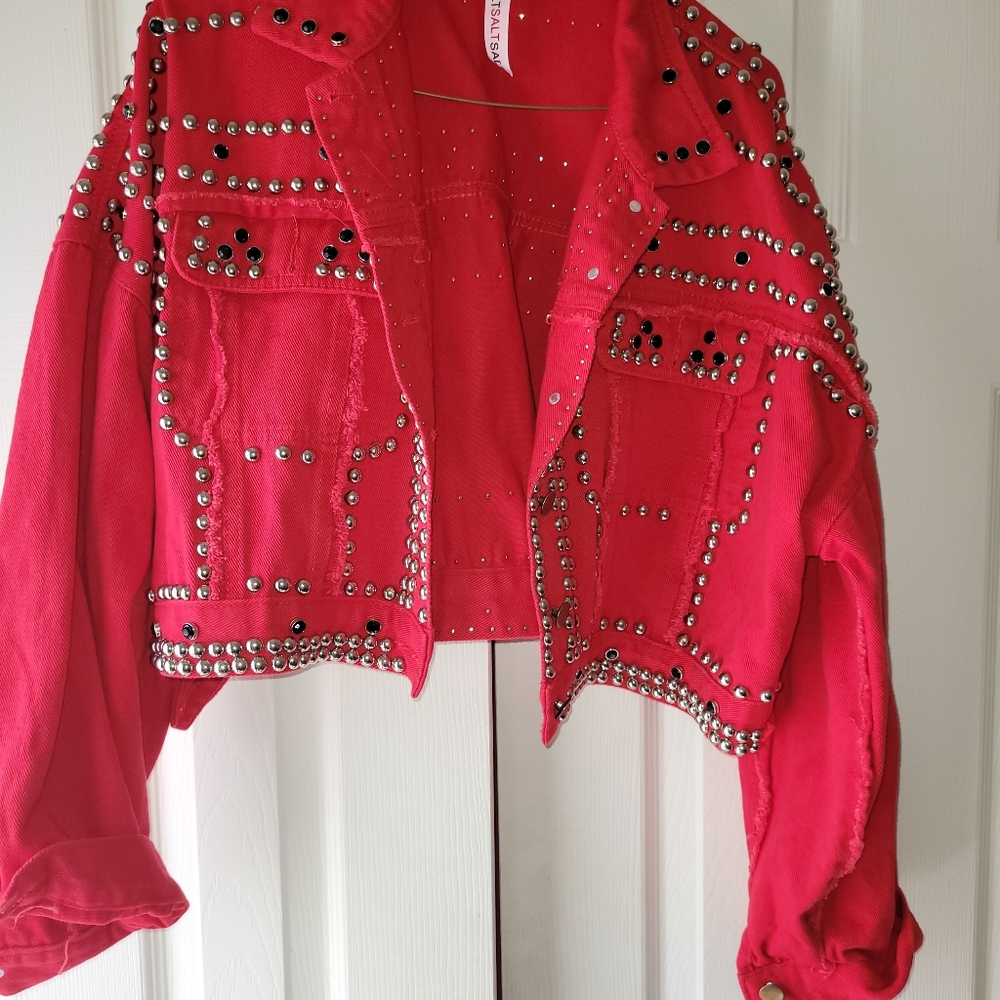 Red Studded Denim Jacket Sz Small